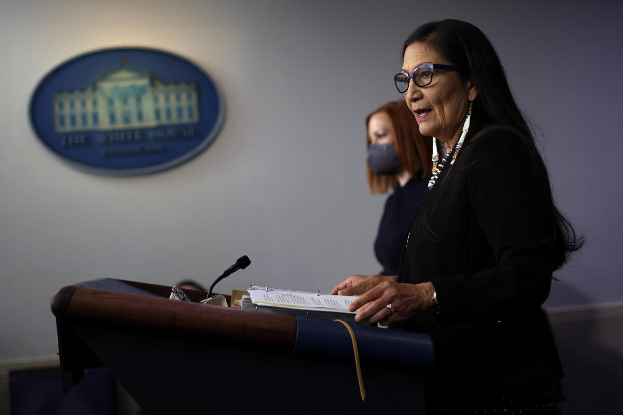 Secretary of the Interior Deb Haaland speaks during a daily press briefing at the White House on April 23. (Photo: Alex Wong via Getty Images)