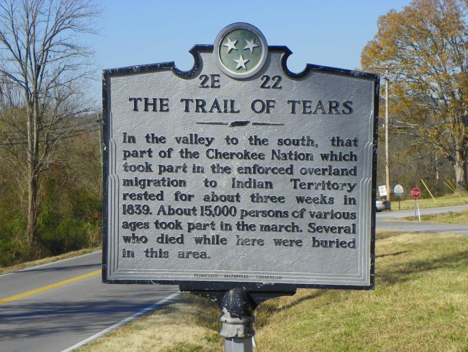 Photo: “<a href="https://www.flickr.com/photos/83372564@N00/5211787840" rel="nofollow noopener" target="_blank" data-ylk="slk:Trail of Tears Historical Marker;elm:context_link;itc:0;sec:content-canvas" class="link ">Trail of Tears Historical Marker</a>” by <a href="https://www.flickr.com/photos/83372564@N00" rel="nofollow noopener" target="_blank" data-ylk="slk:J. Stephen Conn;elm:context_link;itc:0;sec:content-canvas" class="link ">J. Stephen Conn</a> is licensed under <a href="https://creativecommons.org/licenses/by-nc/2.0/?ref=openverse" rel="nofollow noopener" target="_blank" data-ylk="slk:CC BY-NC 2.0;elm:context_link;itc:0;sec:content-canvas" class="link ">CC BY-NC 2.0</a>.