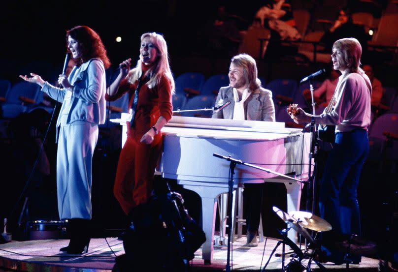 Abba perform at United Nations General Assembly, in New York, during taping of NBC-TV Special, "The Music for UNICEF concert" on 9 January 1979.
