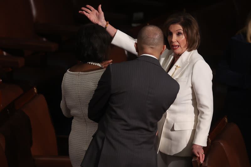Speaker of the House Nancy Pelosi gestures after U.S. President Donald Trump's State of the Union address in Washington