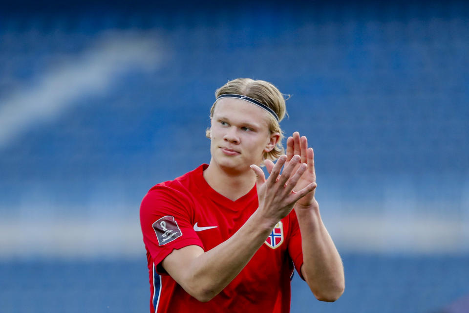 FILE - Norway's Erling Haaland gestures during a World Cup 2022 group G qualifying soccer match between Norway and Turkey at La Rosaleda stadium in Malaga, Spain, Saturday, March 27, 2021. (AP Photo/Fermin Rodriguez, File)