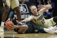 Purdue forward Evan Boudreaux (12) defends against Michigan State forward Xavier Tillman (23) on the floor during the second half of an NCAA college basketball game in West Lafayette, Ind., Sunday, Jan. 12, 2020. (AP Photo/Michael Conroy)