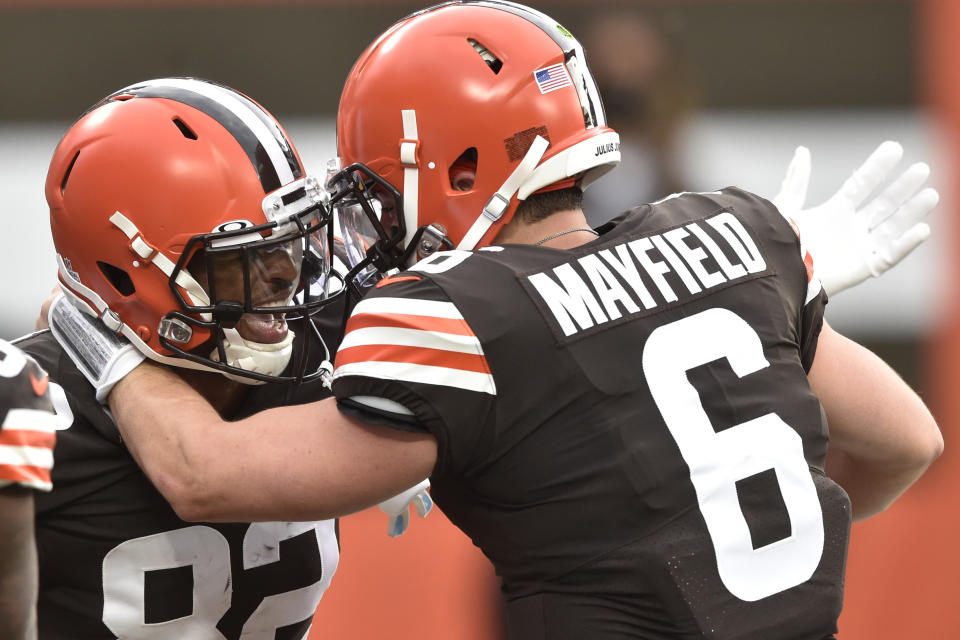 Cleveland Browns wide receiver Rashard Higgins (82) and quarterback Baker Mayfield celebrate after a 15-yard touchdown. (AP Photo/David Richard)