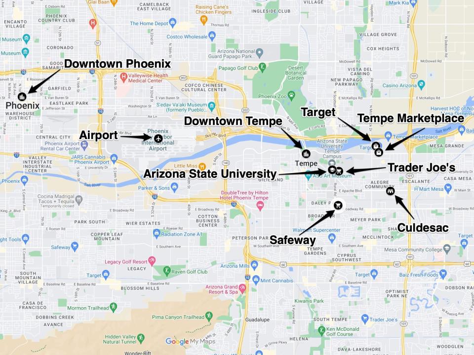 A map of the greater Phoenix area with 9 black arrows pointing to destinations (left to right): Downtown Phoenix, Airport, Arizona State University, Downtown Tempe, Safeway, Target, Tempe Marketplace, Trader Joe's, Culdesac