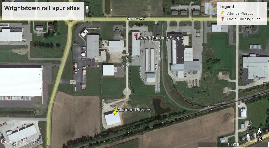 Two Wrightstown companies, Drexel Building Supply, and Alliance Plastics, received state grants to refurbish an existing rail spur to serve Drexel and build a new spur to serve Alliance's site.