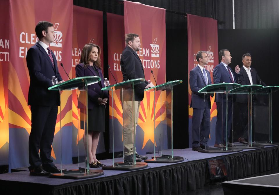 Democratic Congressional District 1 candidates (from left) Andrei Cherny, Marlene Galán-Woods, Andrew Horne, Kurt Kroemer, Conor O'Callaghan and Amish Shah debate at BitFire Studio in Phoenix on May 15, 2024.