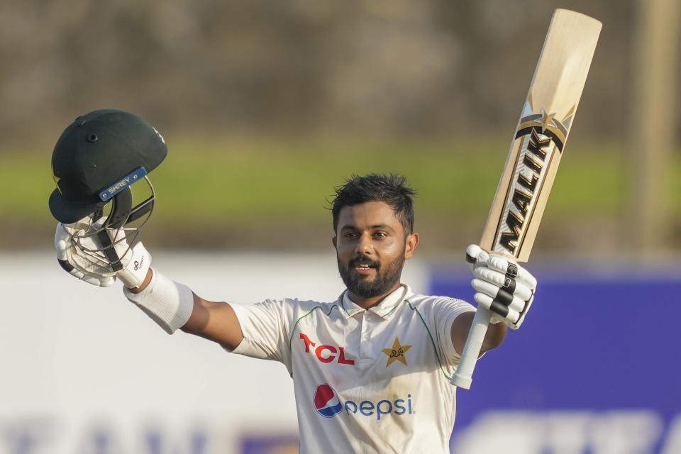 Pakistan's Saud Shakeel celebrates scoring a double century during the third day of the first cricket test match between Sri Lanka and Pakistan in Galle, Sri Lanka, on Tuesday, July 18, 2023. (AP Photo/Eranga Jayawardena)