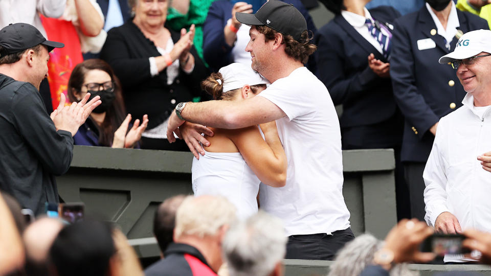 Ash Barty, pictured here with boyfriend Garry Kissick after winning Wimbledon.