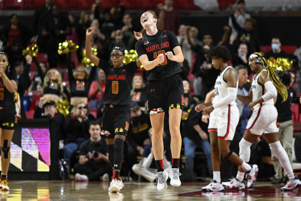 Maryland guard Abby Meyers celebrates as time expires during the second half of an NCAA college basketball game against Connecticut, Sunday, Dec. 11, 2022, in College Park, Md. (AP Photo/Terrance Williams)