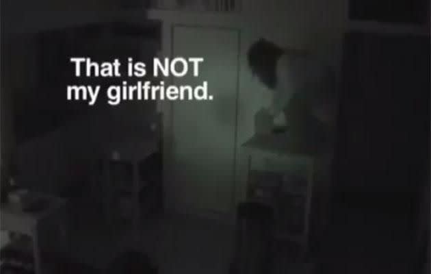 The creepy clip shows the woman getting down from the cupboard and making herself at home! Source: Twitter