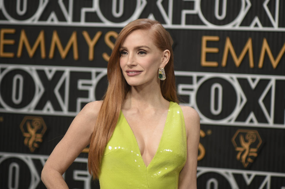 Jessica Chastain arrives at the 75th Primetime Emmy Awards on Monday, Jan. 15, 2024, at the Peacock Theatre in Los Angeles. (Photo by Richard Shotwell/Invision/AP)