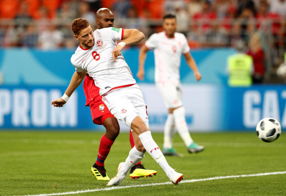 <p>Soccer Football – World Cup – Group G – Panama vs Tunisia – Mordovia Arena, Saransk, Russia – June 28, 2018 Tunisia’s Fakhreddine Ben Youssef scores their first goal REUTERS/Murad Sezer </p>