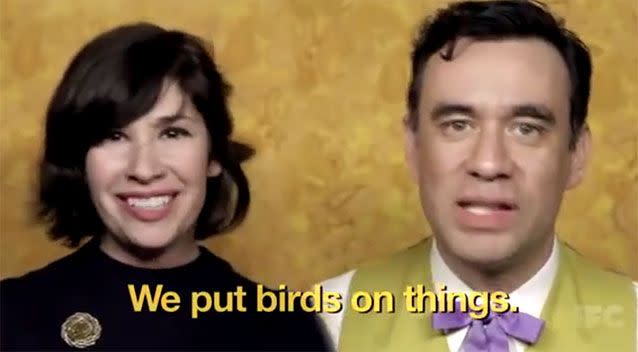 Portlandia pokes fun at hipsters who like birds on things. Source: Supplied