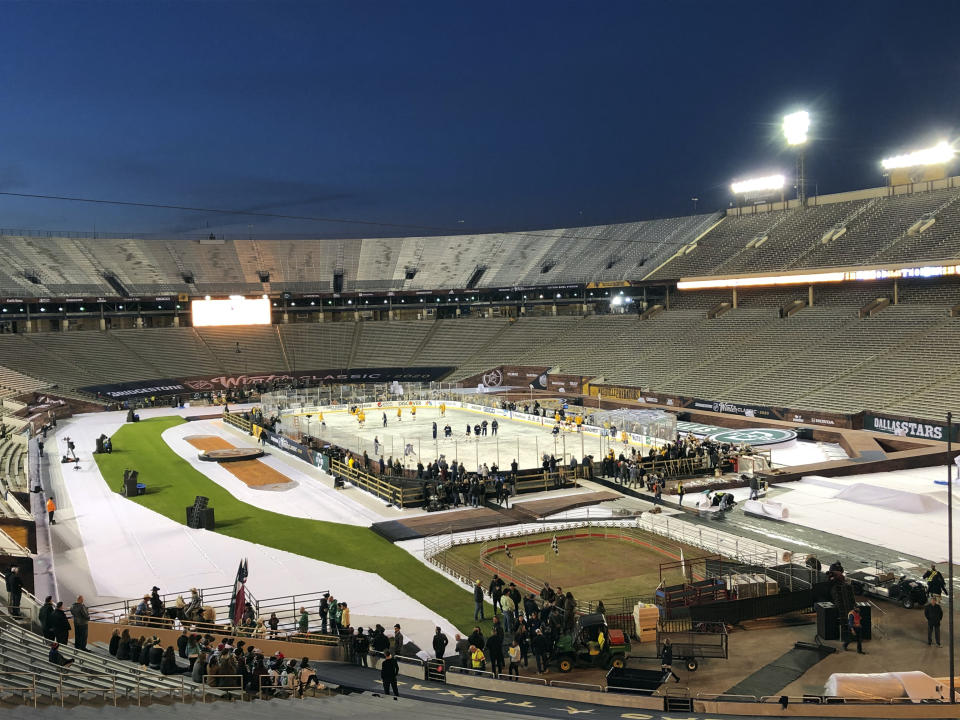 The Nashville Predators go through hockey practice at the Cotton Bowl Stadium in Dallas on Tuesday, Dec. 31, 2019 before playing in the NHL Winter Classic against the Dallas Stars on New Year’s Day. (AP Photo/Stephen Hawkins)