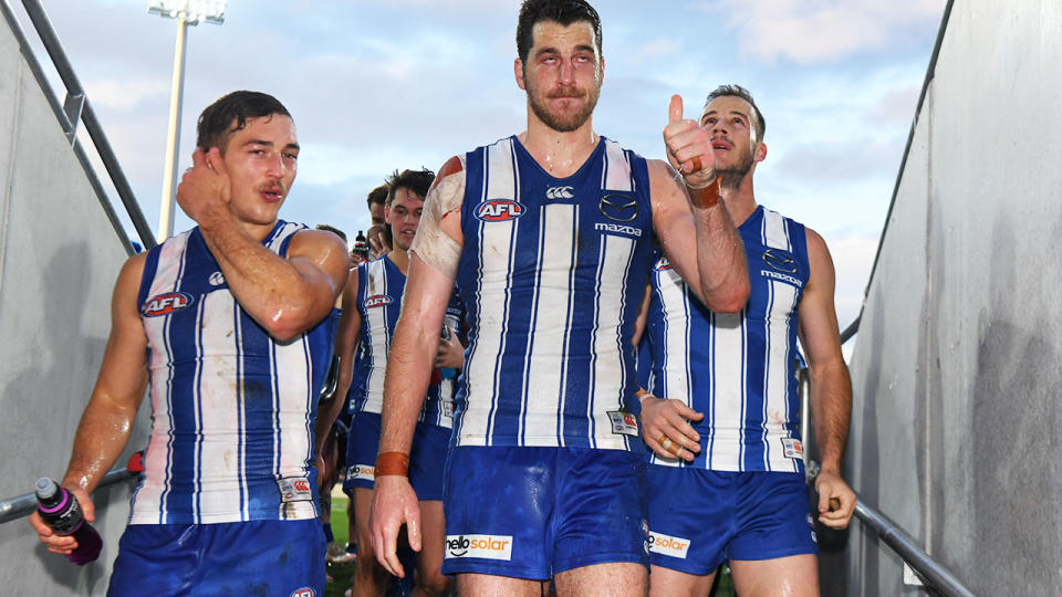 North Melbourne players, pictured here after their win over Gold Coast.