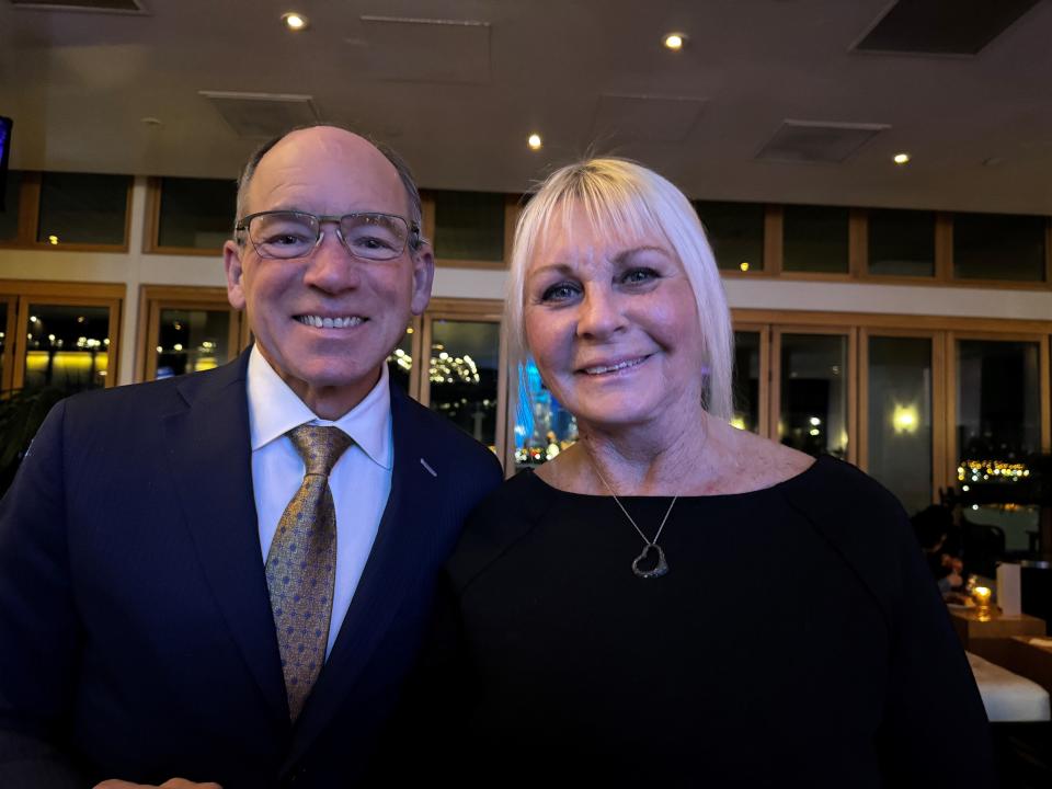 Fantasy Springs General Manager Jay Chesterton speaks with Lynn McGowan, event planner and guest, at the parings party for the 14th annual Fred "The Hammer" Williamson Celebrity Invitational Golf Tournament on Jan. 12, 2024.