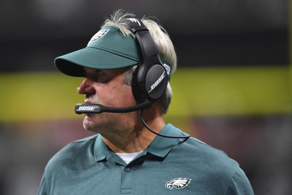 Philadelphia Eagles head coach Doug Pederson watches play against the Atlanta Falcons during the first half of an NFL football game, Sunday, Sept. 15, 2019, in Atlanta. (AP Photo/John Amis)