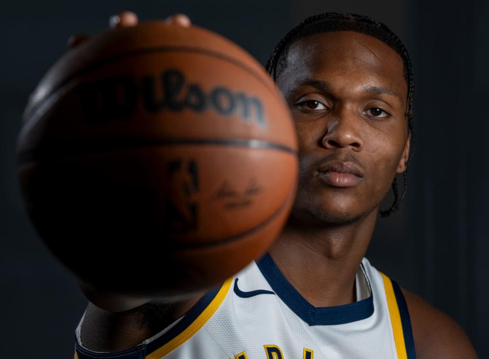 Indiana Pacers guard Bennedict Mathurin (00) at Pacers media day, at St. Vincent Center, downtown Indianapolis, Monday, Oct. 3, 2023. The team is currently in preseason and the team’s opening game is Oct. 25.