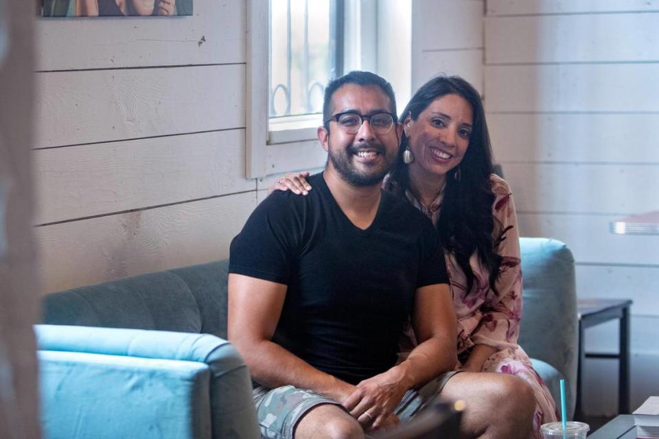 Co-founders Joseph and Anette Landeros at their coffee shop, Casa Azul on Tuesday, June 28, 2022, in Fort Worth, Texas. The shop strives to eliminate barriers like costs that can prevent customers from buying a cup, especially in this moment of inflation.