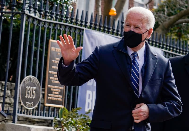 U.S. President Joe Biden departs Holy Trinity Catholic Church on the first Sunday as the U.S. President, in Washington