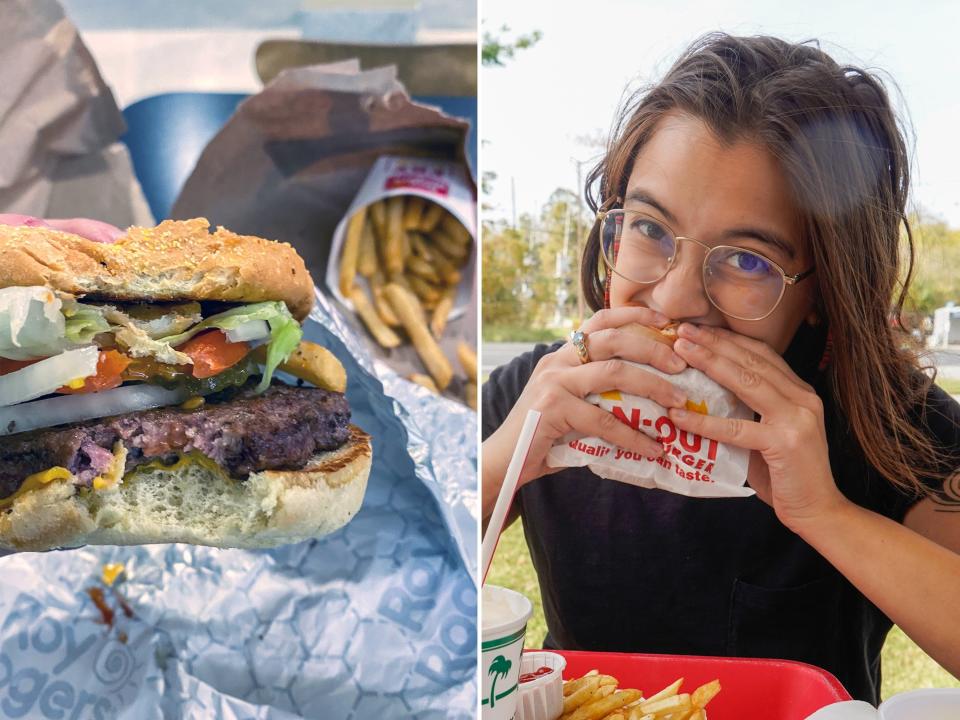 Roy Rogers burger (L) and the author eating In-N-Out (R)