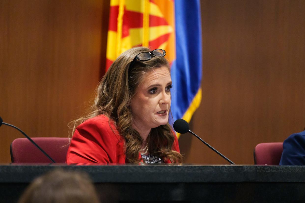 Rep. Liz Harris attends a joint house and senate election committee hearing at the state Capitol on Feb. 23, 2023, in Phoenix.