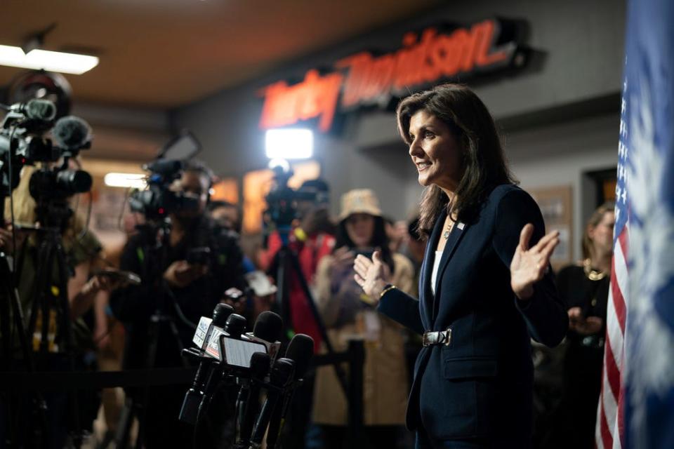 Republican presidential candidate former UN Ambassador Nikki Haley speaks to members of the media during a campaign event at Thunder Tower Harley Davidson Monday, Feb. 12, 2024, in Elgin, S.C. South Carolinians will participate in their Republican primary on Feb. 24. (AP Photo/Sean Rayford) ORG XMIT: OTK