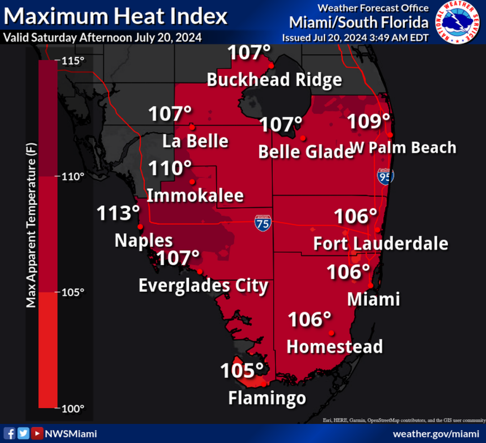 National Weather Service in Miami’s maximum heat index forecast temperatures for parts of Florida on Saturday afternoon, July 20, 2024.