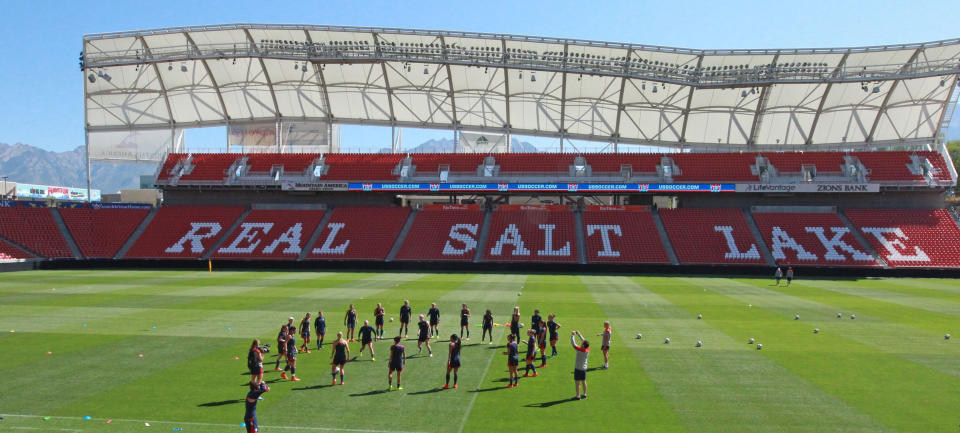 Rio Tinto Stadium in Sandy, Utah, will be one of two sites in the Salt Lake City area that will host the NWSL's Challenge Cup as the first American team sports league to return. (AP Photo/Rick Bowmer, File)