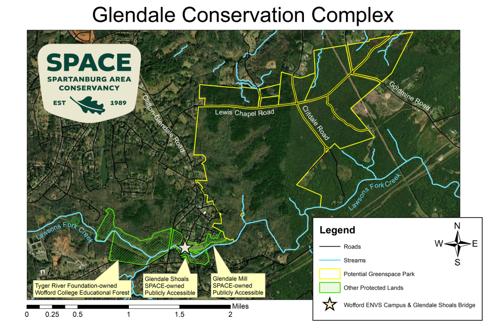 This map shows the current Glendale Shoals Preserve, in dashed green lines, and the 945 acres SPACE and Spartanburg County hope to acquire outlined in yellow.