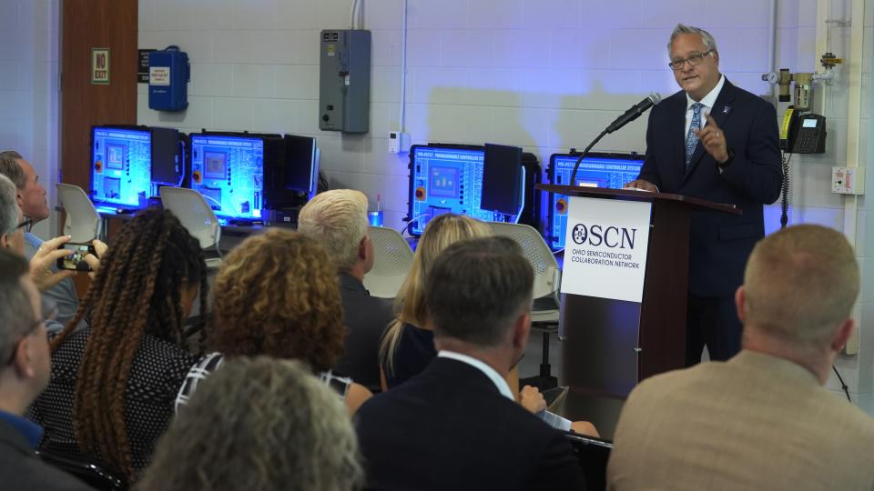 Intel Ohio General Manager Jim Evers delivers remarks Monday afternoon at Central Ohio Technical College's Newark campus. He was among many dignitaries noting the short-term certificate and degree curriculum for semiconductor worker training in anticipation of the new Intel plant opening in New Albany.
