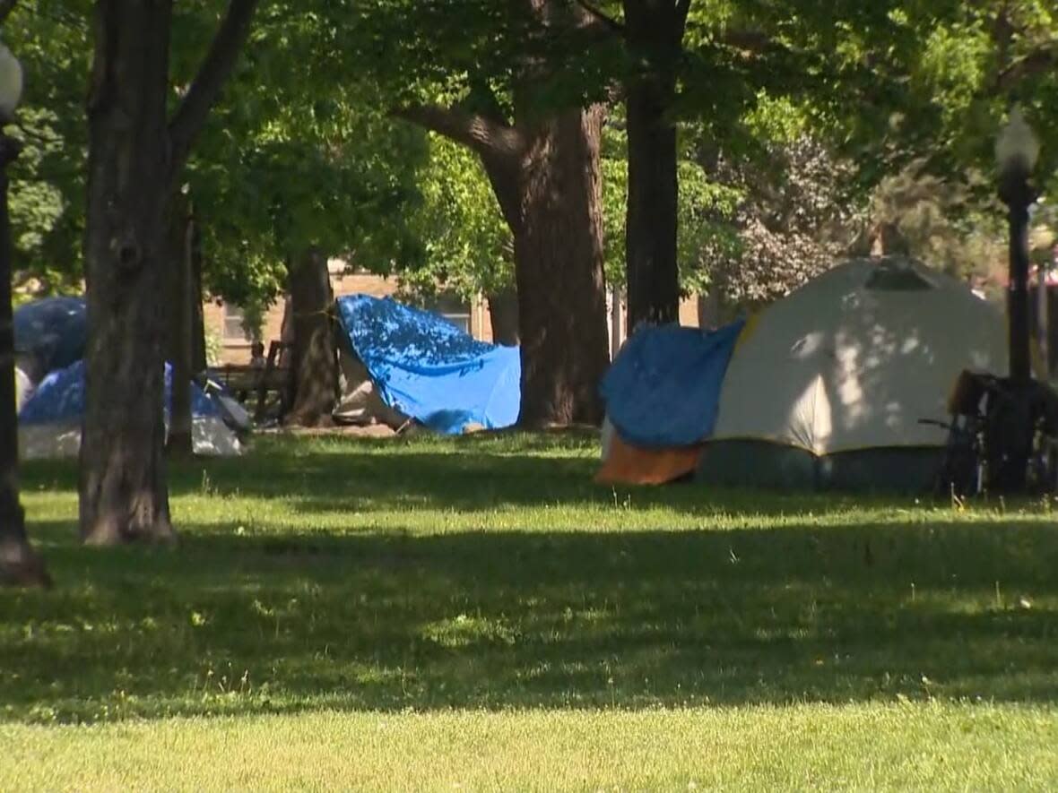 A tent is seen in an encampment in Allan Gardens in Toronto on May 29, 2023. (CBC - image credit)