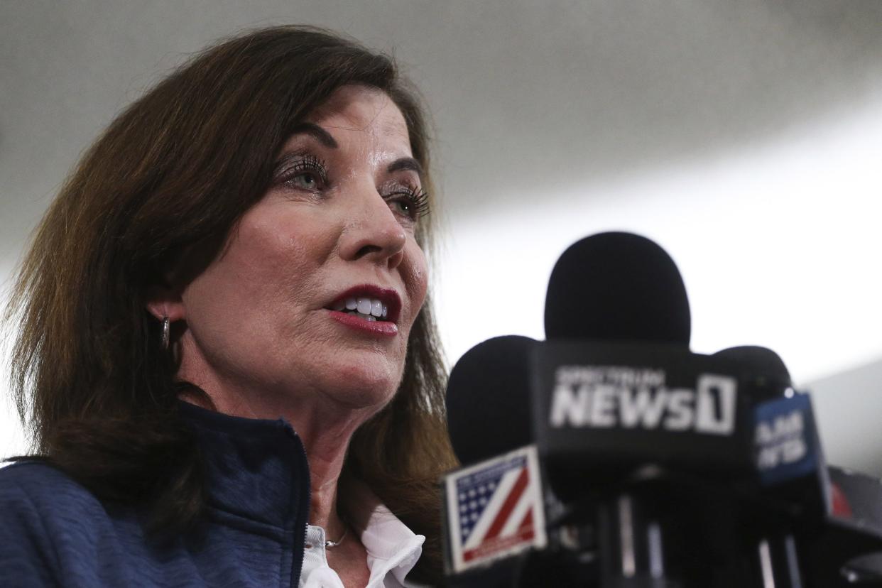 New York Gov. Kathy Hochul speaks at a news conference after a shooting at a supermarket on Saturday, May 14, 2022, in Buffalo, N.Y.