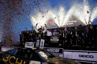 Kyle Busch celebrates after winning a NASCAR Cup Series auto race at World Wide Technology Raceway, Sunday, June 4, 2023, in Madison, Ill. (AP Photo/Jeff Roberson)