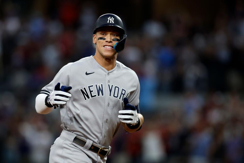 Aaron Judge rounds the bases after hitting his 62nd home run of the season in the first inning of a game Oct. 4 against the Texas Rangers at Globe Life Field.