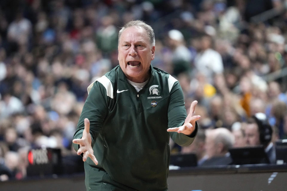 Michigan State head coach Tom Izzo reacts to a call in the second half of a first-round college basketball game against Southern California in the NCAA Tournament Friday, March 17, 2023, in Columbus, Ohio. (AP Photo/Paul Sancya)