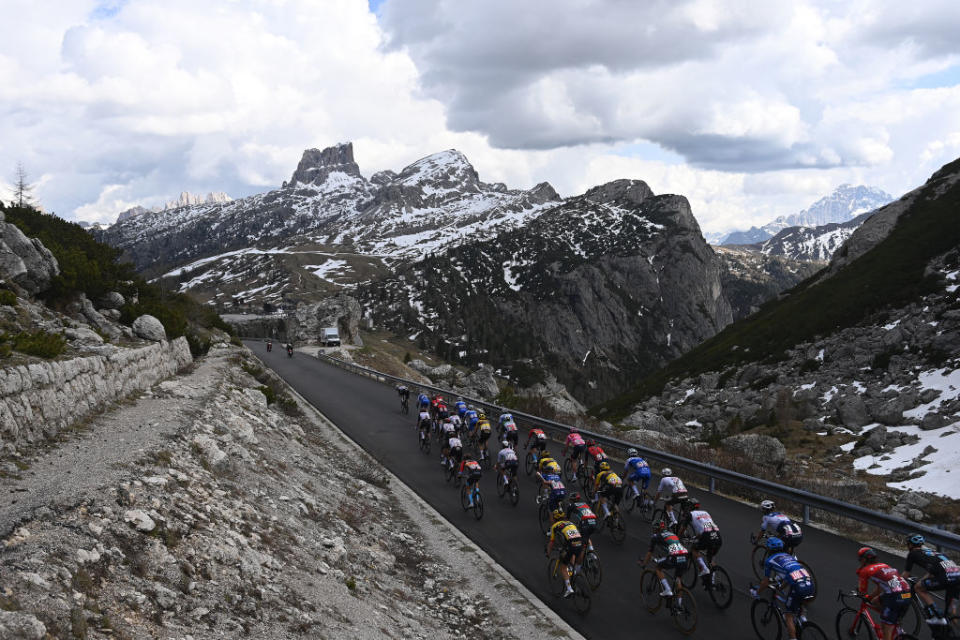 TRE CIME DI LAVAREDO ITALY  MAY 26 A general view of the peloton climbing to the Passo Valparola 2196m during the 106th Giro dItalia 2023 Stage 19 a 183km stage from Longarone to Tre Cime di Lavaredo 2307m  UCIWT  on May 26 2023 in Tre Cime di Lavaredo Italy Photo by Tim de WaeleGetty Images