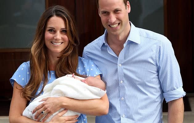 Kate Middleton is said to be due in March 2018. Here she is pictured outside hospital after giving birth to Prince George. Photo: Getty Images