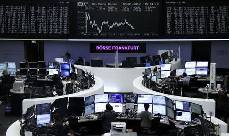 Traders work at their desks in front of the German share price index, DAX board, at the stock exchange in Frankfurt, Germany, January 3, 2017. REUTERS/Staff/Remote