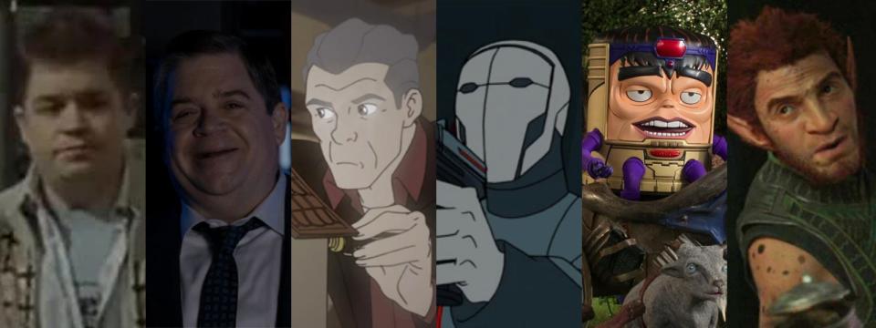 From left: Patton Oswalt in "Blade: Trinity," Oswalt in "Agents of S.H.I.E.LD.," the animated character Uncle Ben in "Spider-Man," the animated character Chameleon in "Spider-Man," M.O.D.O.K. in " M.O.D.O.K.," and Pip the Troll in "Eternals."