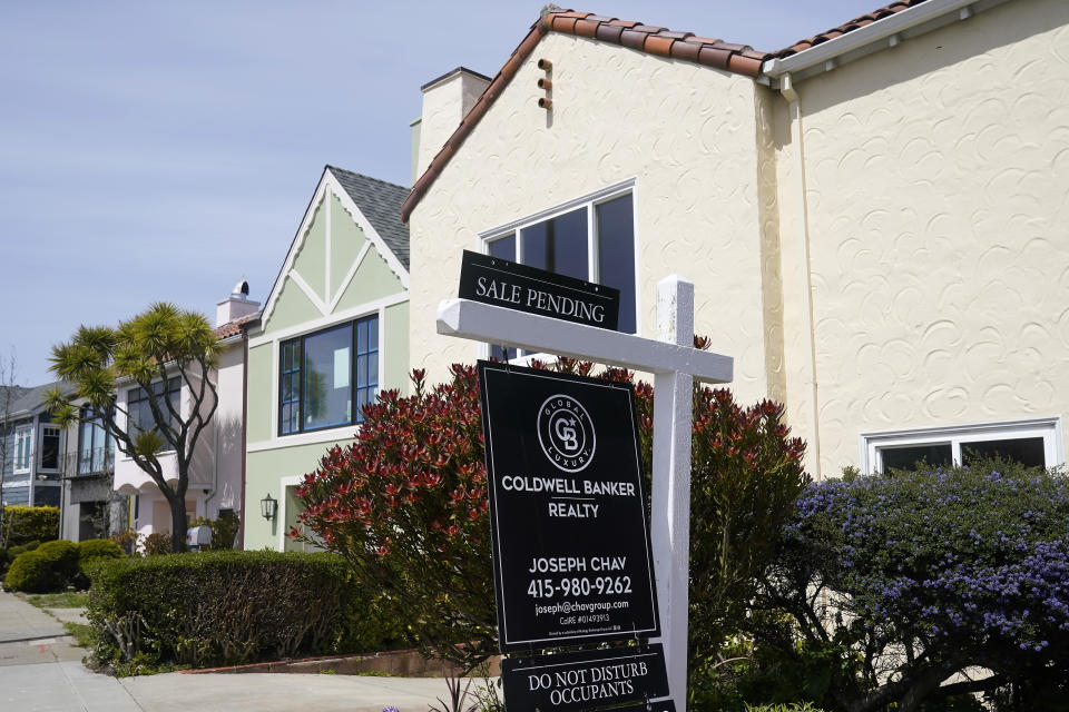 A Sale Pending sign hangs in front of a property in San Francisco, Tuesday, April 18, 2023. (AP Photo/Jeff Chiu)