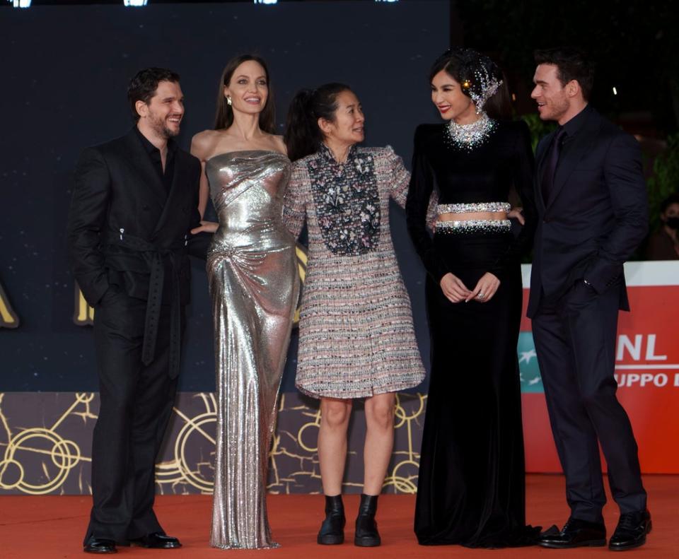 Kit Harington with his Eternals co-stars at the Rome Film Festival (AP)