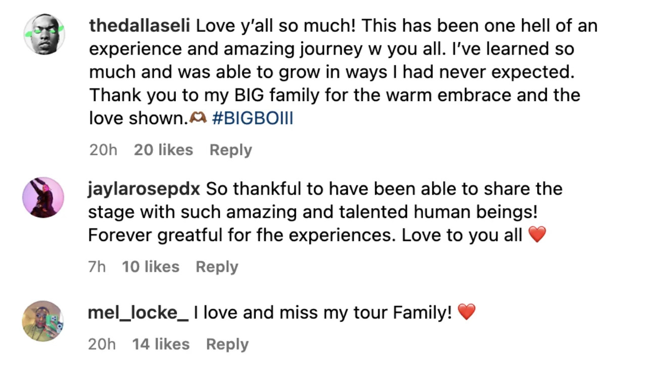 Screenshot of more comments, including "This has been one hell of an experience and amazing journey w you all; I've learned so much and was able to grow in ways I had never expected"