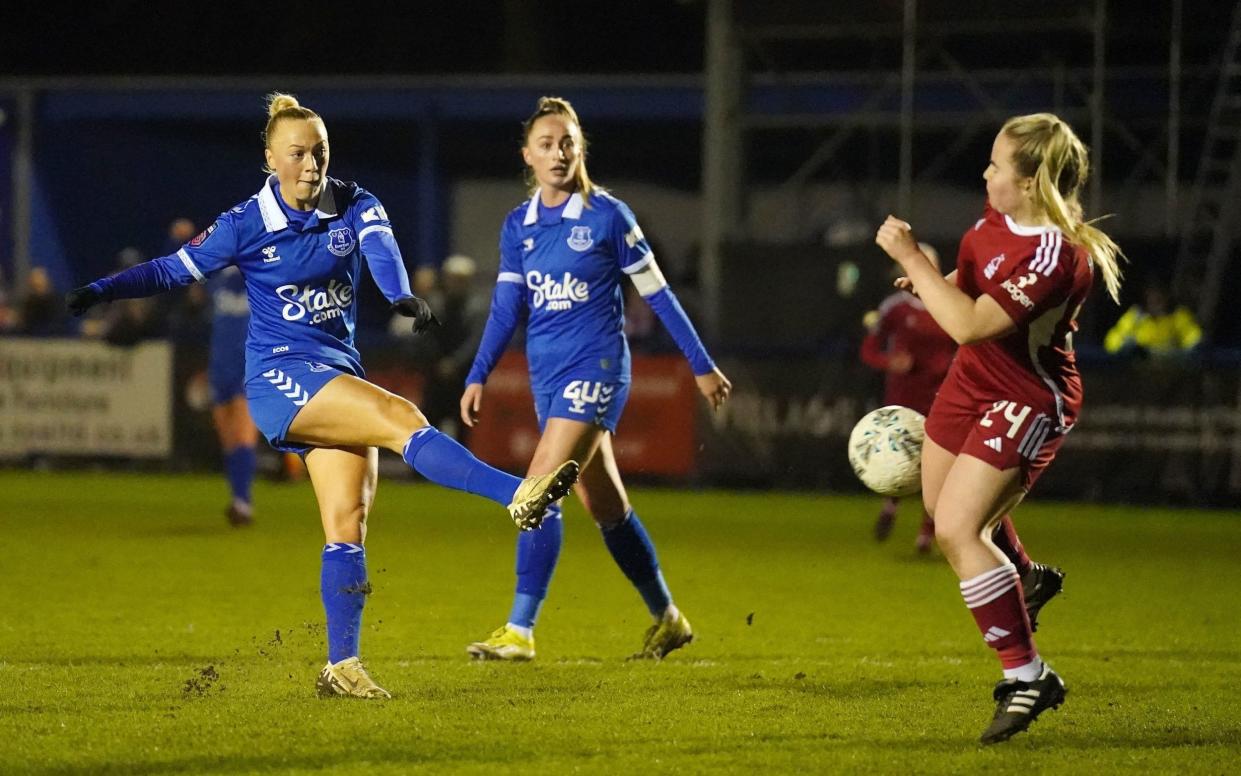 Everton's Hanna Bennison scores their side's seventh goal of the game during the Adobe WFA Cup fifth round match at Grange Park, Nottingham