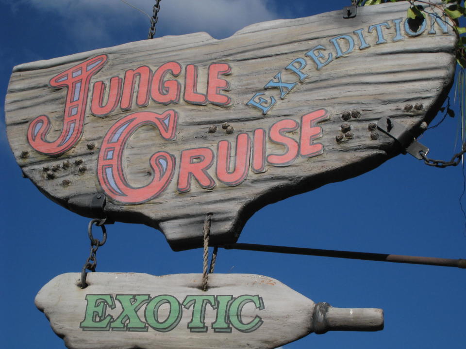 Mickey is hanging out on this Jungle Cruise sign. Can you see him?