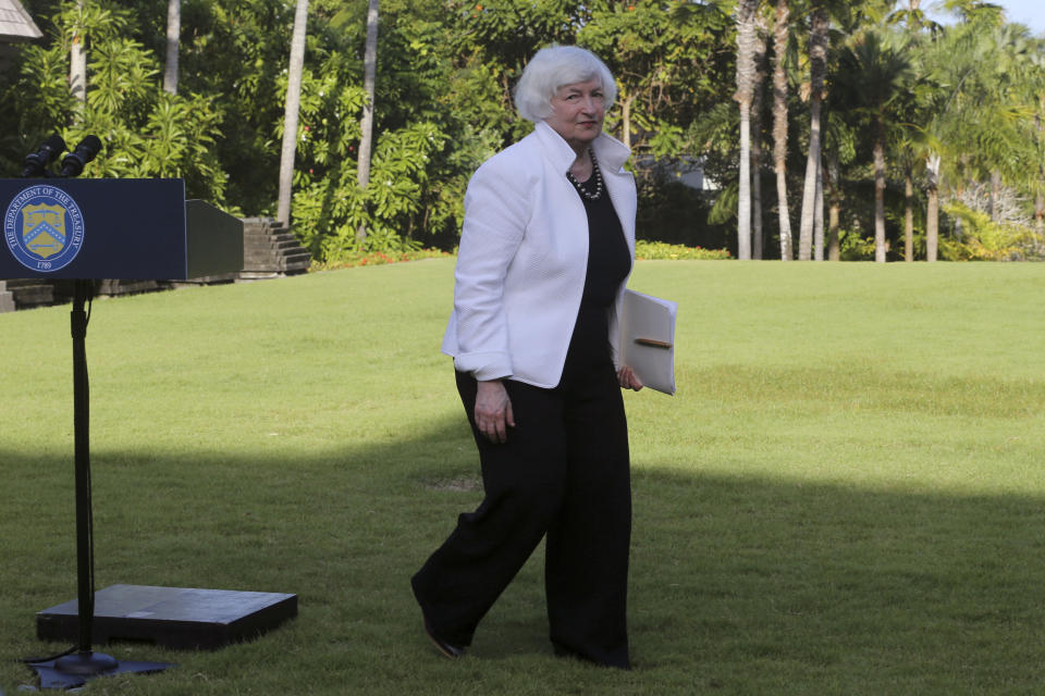 U.S. Treasury Secretary Janet Yellen leaves after a news conference in Nusa Dua, Bali, Indonesia on Thursday, July 14, 2022. Yellen and other top financial officials of the Group of 20 rich and industrial nations are gathering in the Indonesian island of Bali for meetings that begin Friday. (AP Photo/Firdia Lisnawati)