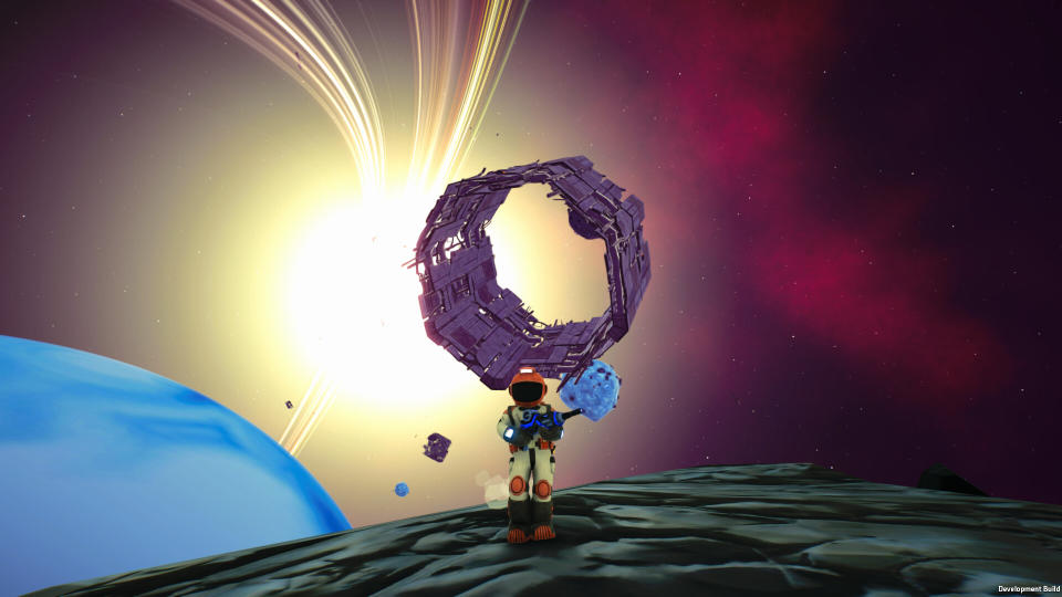 Screenshot of colorful astronaut and environment from Space Trash Scavenger