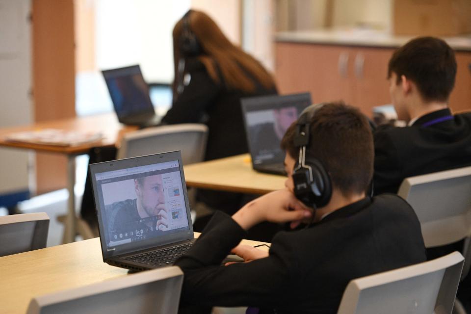 Year 9 students take part in an online class at Park Lane Academy in Halifax, northwest EnglandAFP via Getty Images