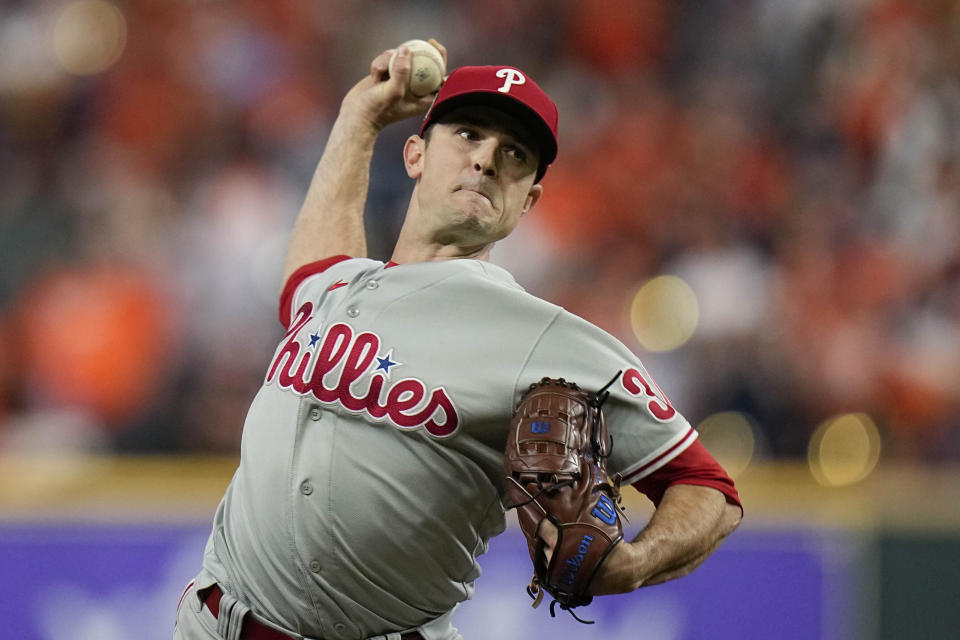 Philadelphia Phillies relief pitcher David Robertson throws during the 10th inning in Game 1 of baseball's World Series between the Houston Astros and the Philadelphia Phillies on Friday, Oct. 28, 2022, in Houston. (AP Photo/Eric Gay)