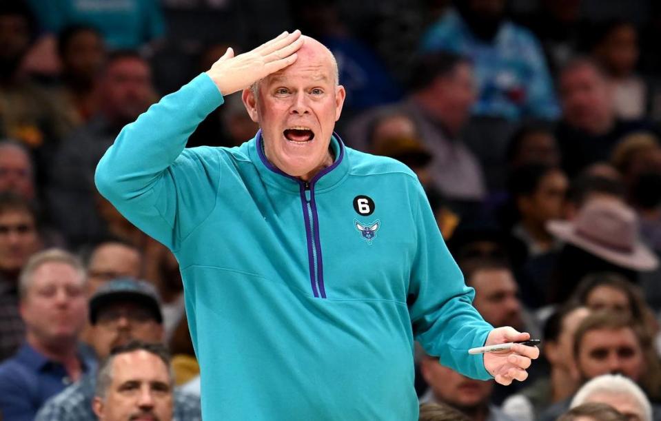 Charlotte Hornets head coach Steve Clifford disputes an official’s call during second half action against the Washington Wizards at Spectrum Center in Charlotte, NC on Monday, November 7, 2022. The Wizards defeated the Hornets 108-100.